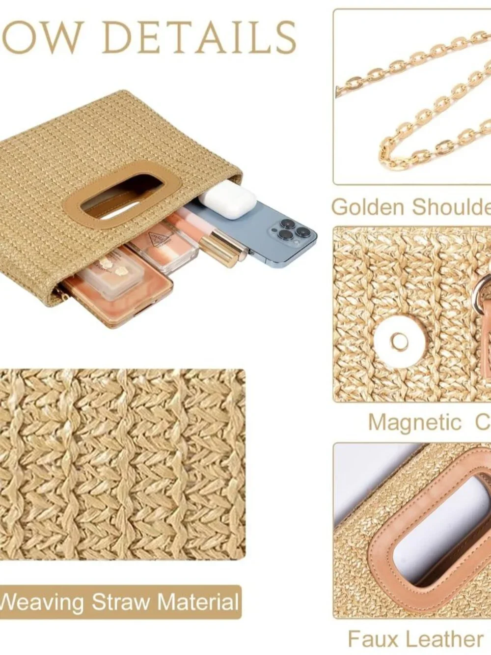Top Handle Clutch Handbags for Women,Summer Clutch Purse with Handle、Raffia Wove - Picture 5 of 7